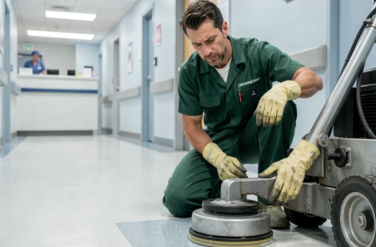 Agent d'entretien masculin inspectant une machine de nettoyage de sol dans un couloir d'hôpital