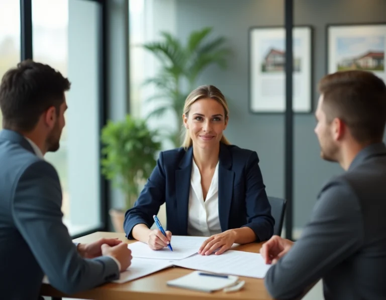 Agent immobilière iad présentant des documents de vente à un couple de clients dans une agence moderne