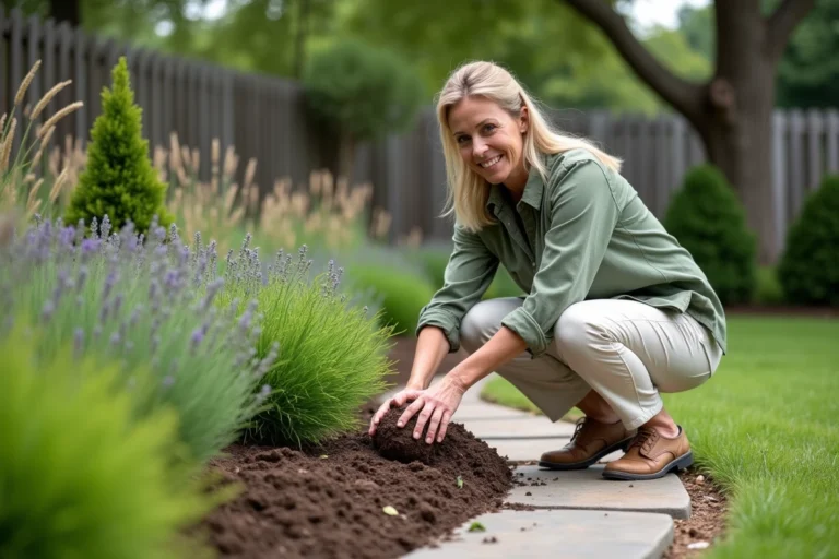 Paysagiste professionnelle aménageant une bordure de plantes vivaces dans un jardin résidentiel avec allée en pierre et haies de buis