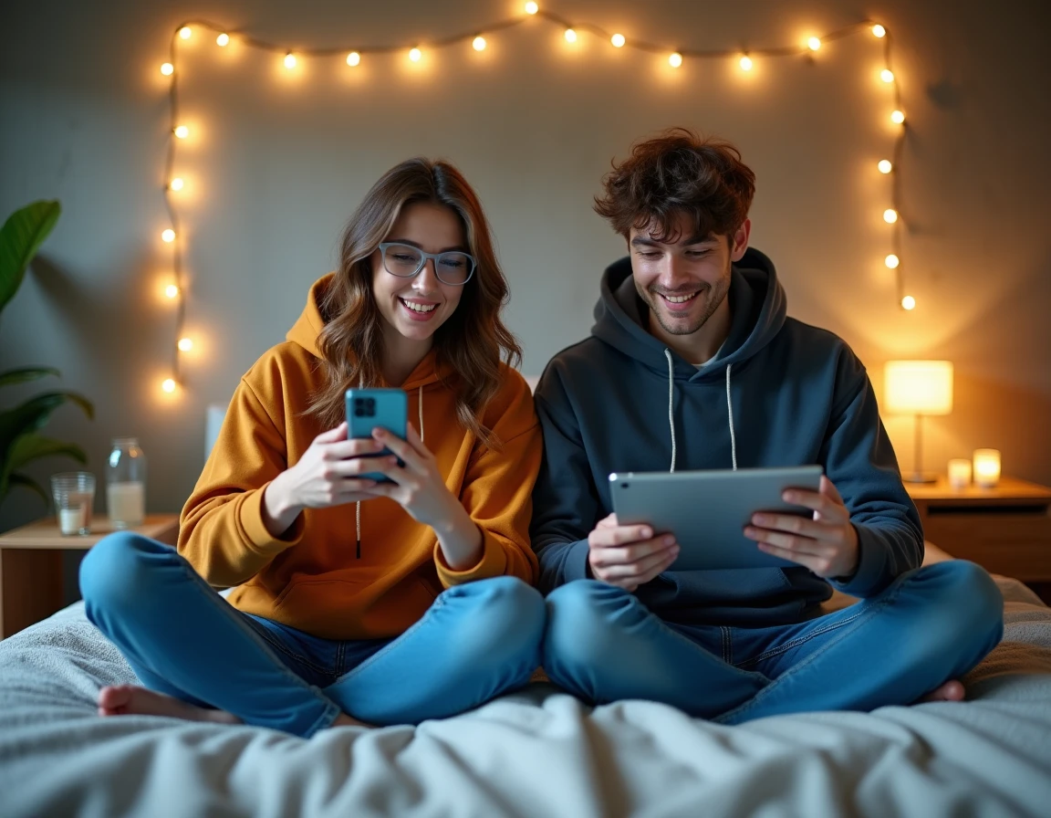 Deux amis explorant ensemble une interface de streaming sur tablette et smartphone dans une chambre moderne