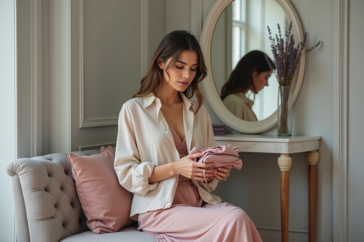 Femme en cabine d'essayage d'une boutique lingerie au Cap d'Agde tenant une nuisette en soie rose poudré