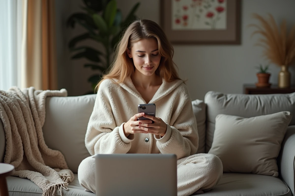 Jeune femme utilisant une application de cashback sur son smartphone tout en répondant à des sondages rémunérés sur son ordinateur portable dans son salon
