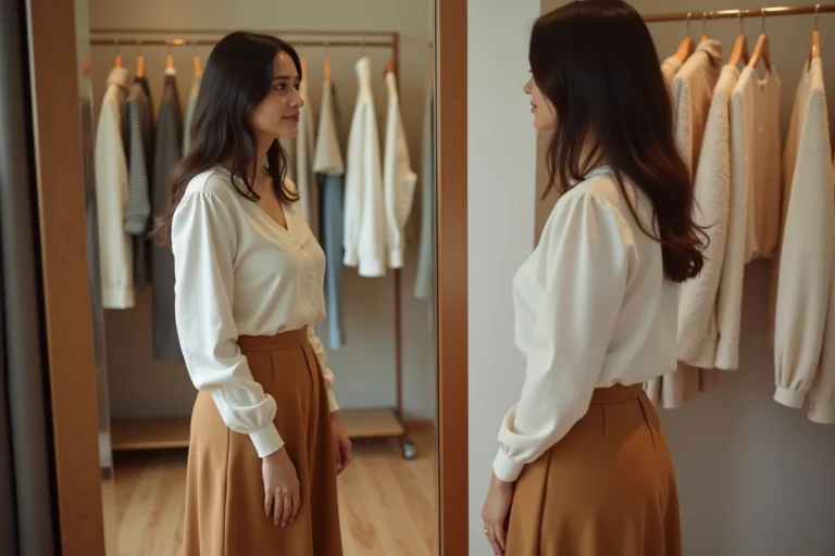 Femme à la morphologie en poire essayant une jupe midi en boutique devant un miroir en pied