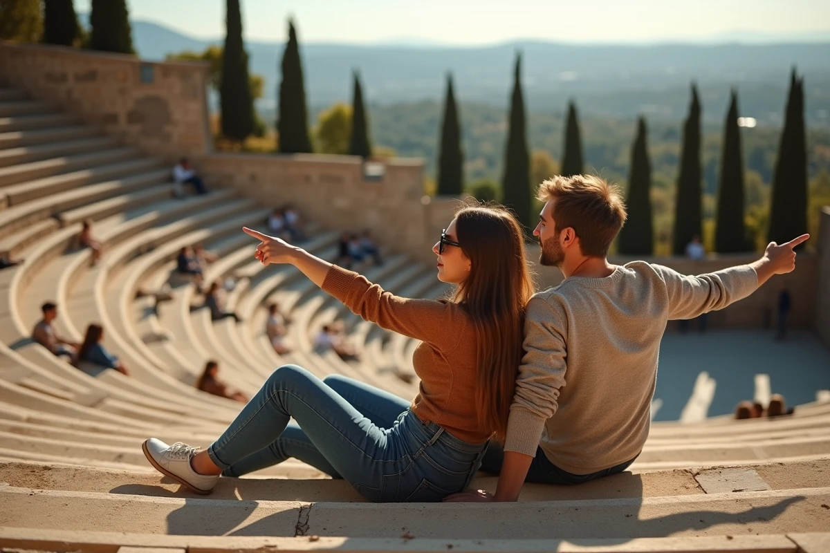 Deux amis choisissant leur place dans un amphithéâtre en plein air pour un spectacle estival