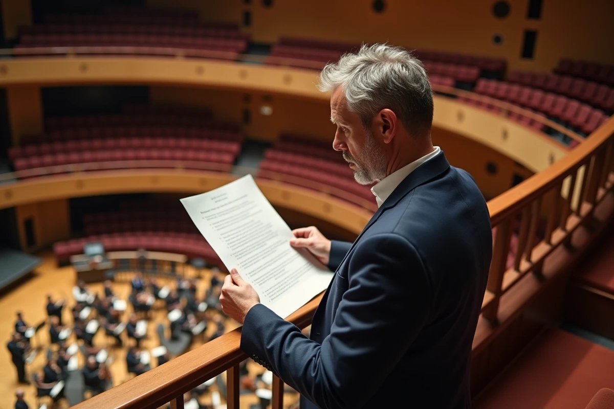 Homme analysant un plan de salle dans un concert hall moderne pour choisir sa place idéale