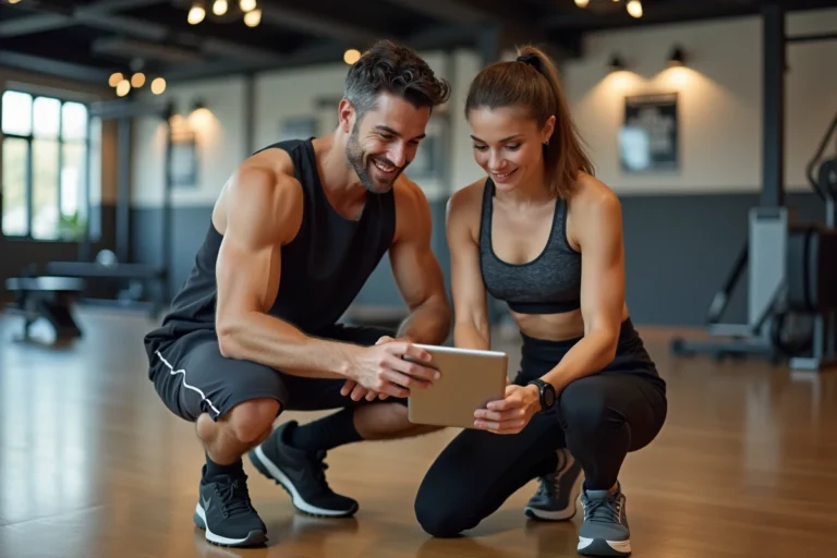 Coach souriant avec une jeune femme dans une salle de sport