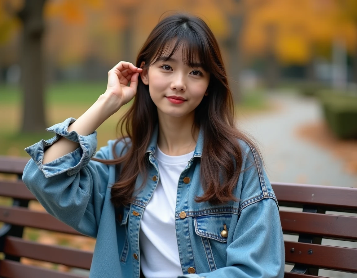 Jeune femme de 20 ans avec des bangs rideaux et des ondulations douces, coiffure adaptée à un visage rond, assise dans un parc en automne.