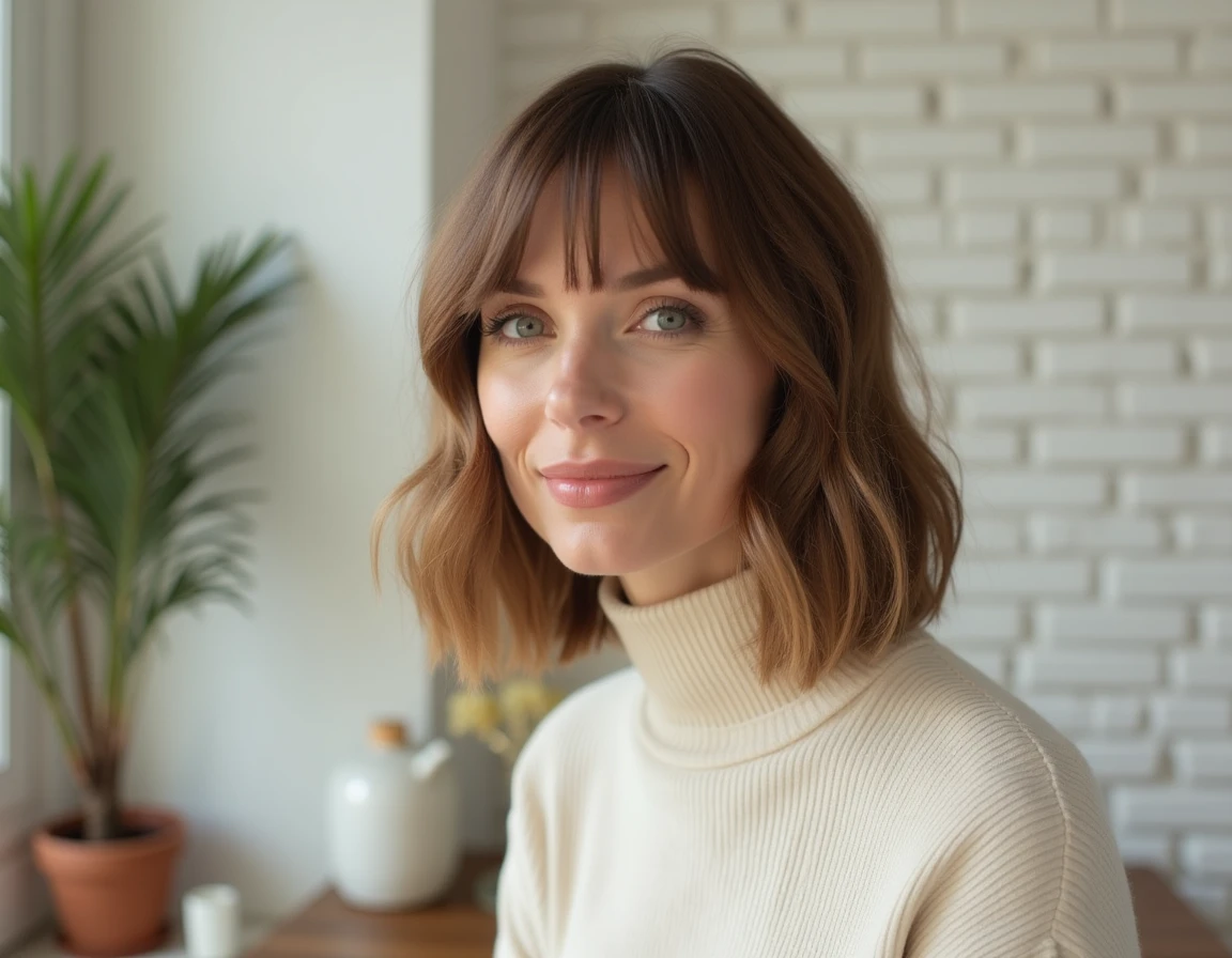 Femme aux cheveux mi-longs avec un carré plongeant adapté à un visage rond, assise devant un miroir dans un appartement parisien.