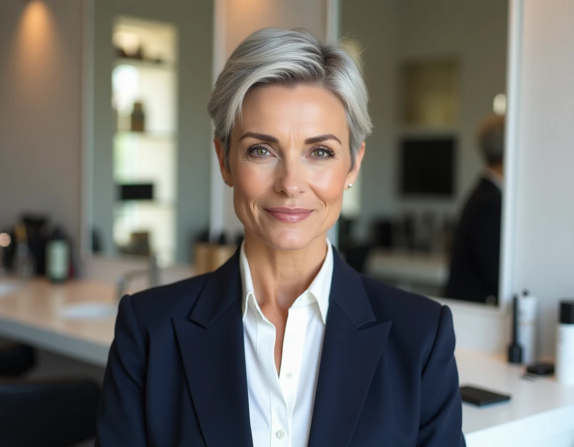Femme de 55 ans avec une coupe courte pixie texturée adaptée à un visage rond, photographiée dans un salon de coiffure moderne.