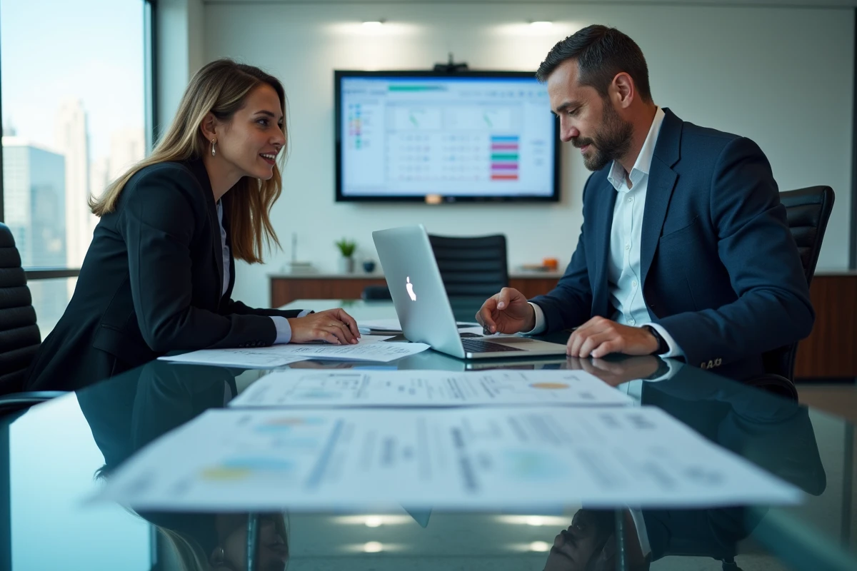 Deux professionnels collaborant sur une architecture réseau et des services cloud en salle de réunion
