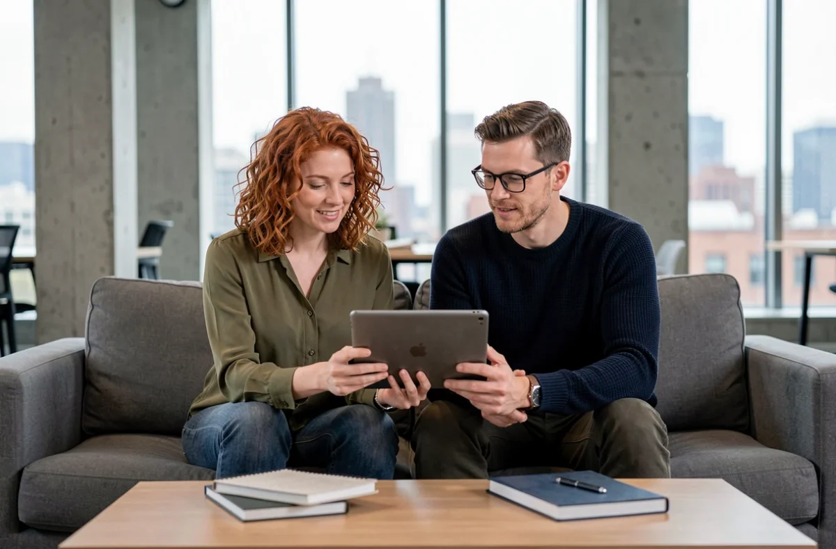 Deux collègues collaborant sur une tablette dans un bureau éditorial pour publier ensemble un article sur un magazine collaboratif en ligne