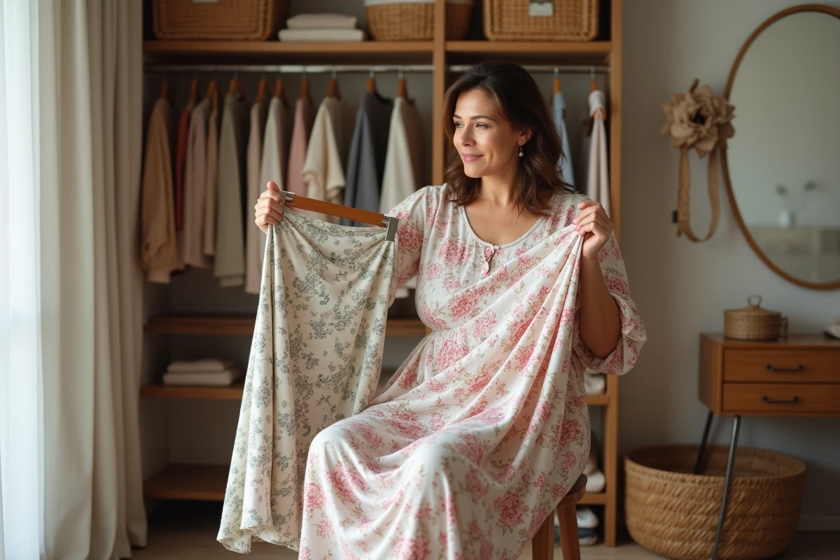 Femme à morphologie en pomme comparant une jupe courte et une jupe longue dans son dressing