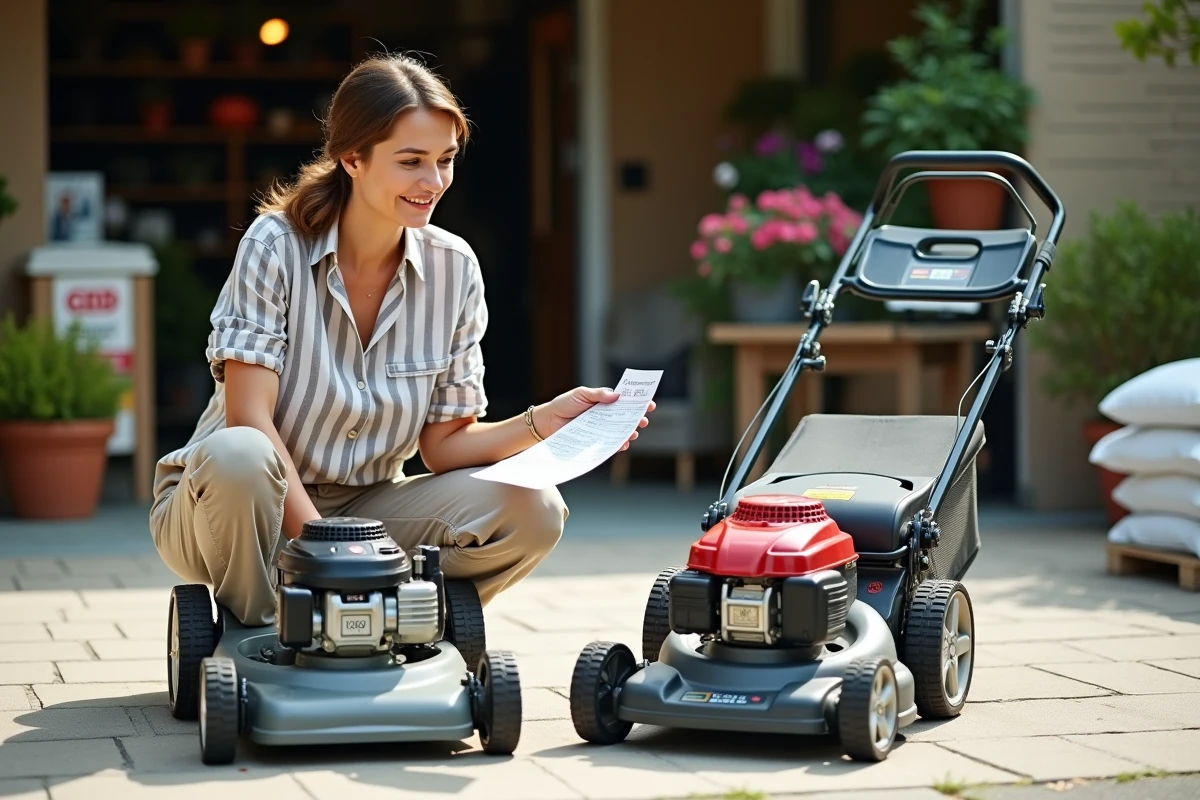 Femme comparant deux tondeuses thermiques côte à côte dans un magasin de jardinerie