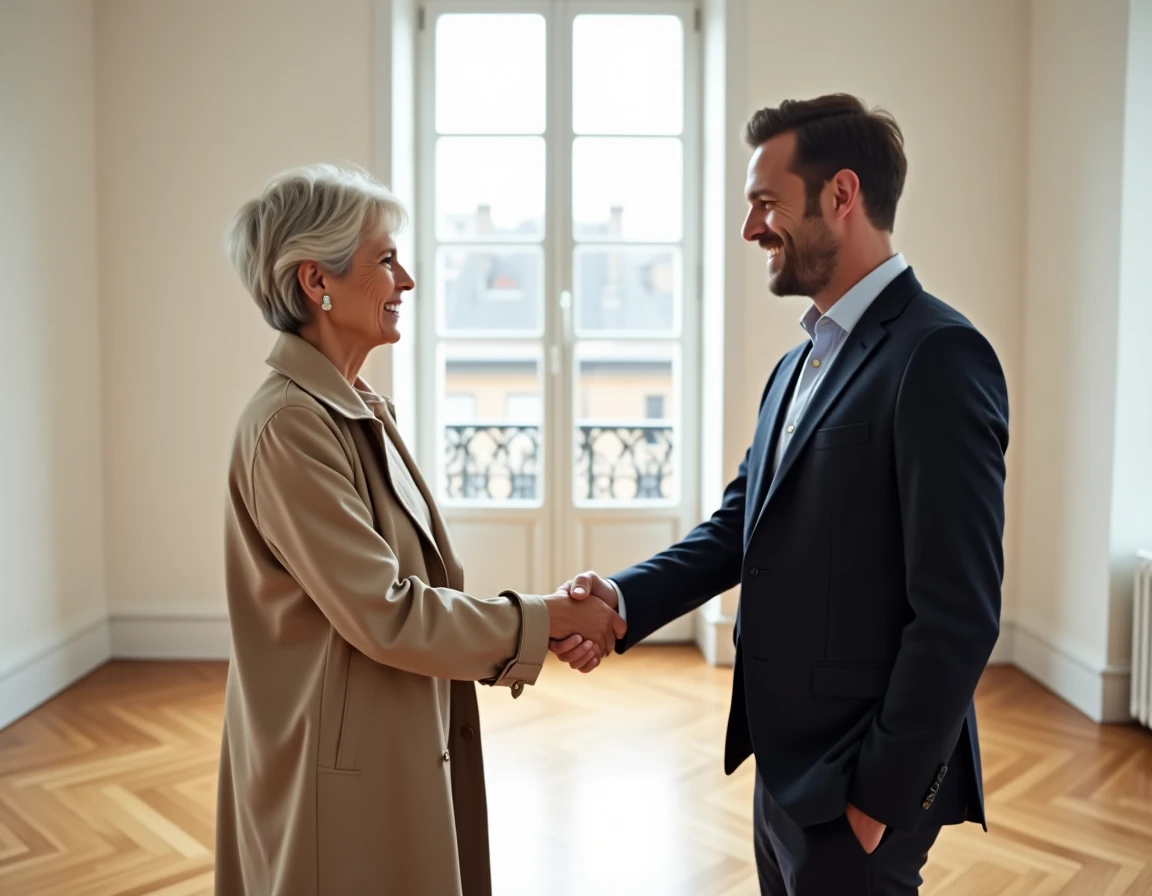 Conclusion réussie d'une transaction immobilière avec poignée de main entre vendeur et acheteur dans un appartement vide
