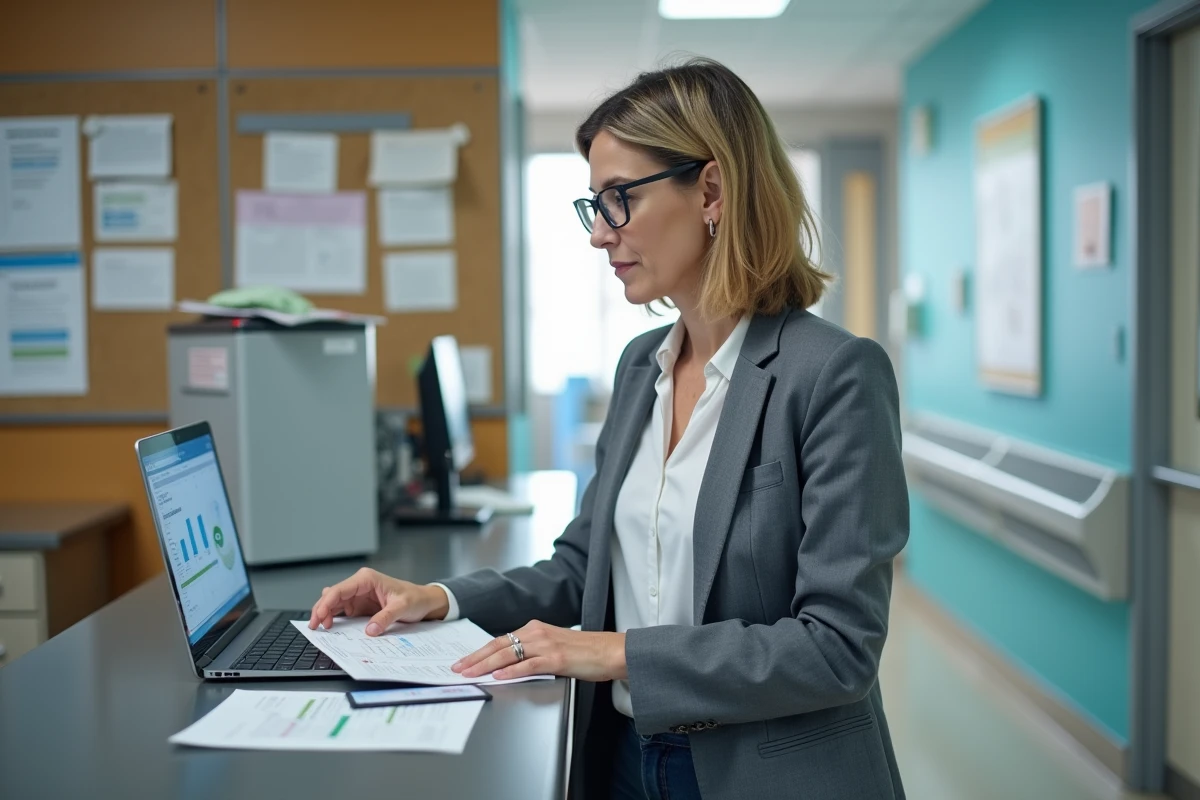 Coordinatrice de soins en Ehpad consultant des dossiers patients sur le logiciel Netsoins à l'accueil