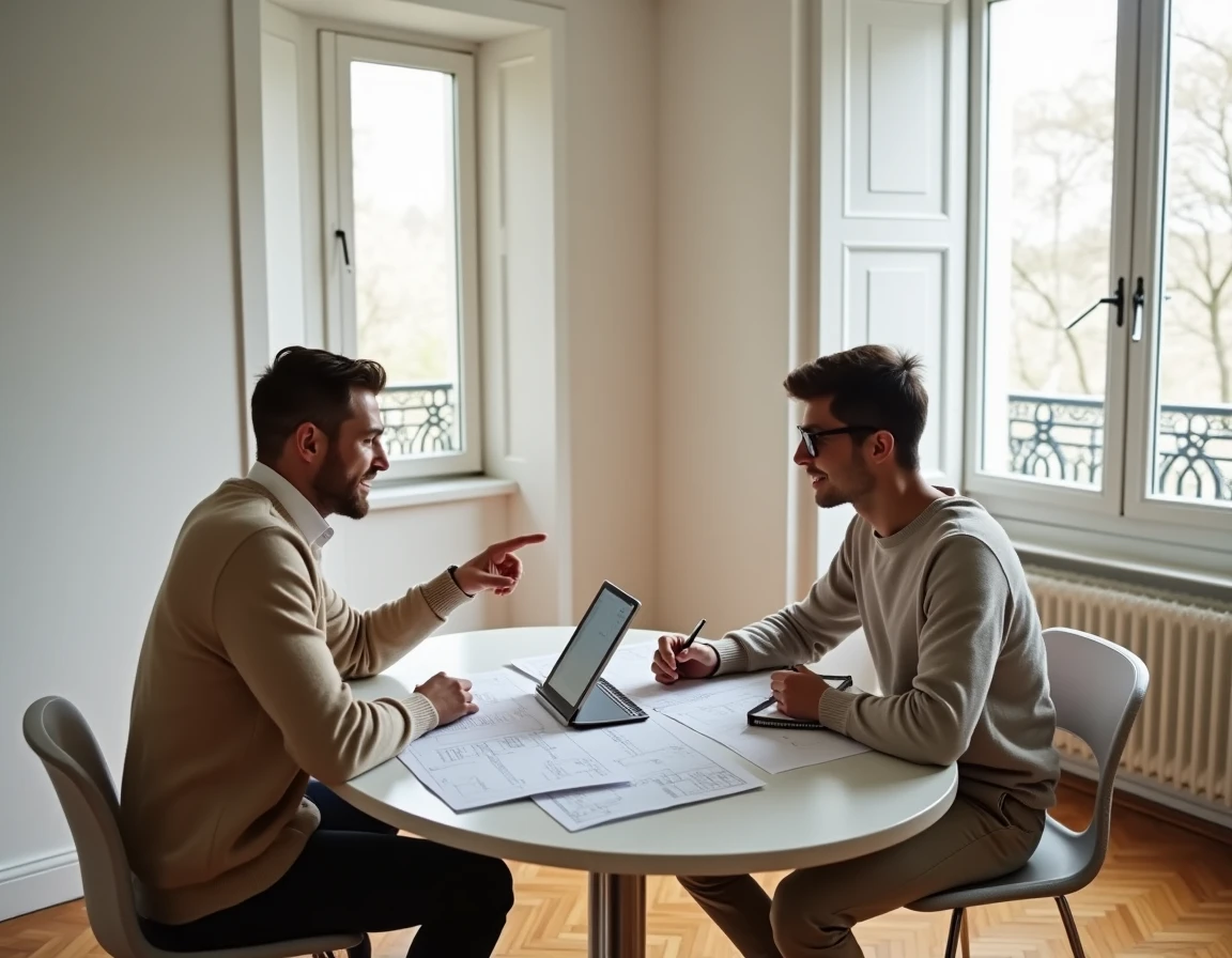 Couple en visite d'appartement à Paris consultant un plan et une tablette avec des annonces immobilières