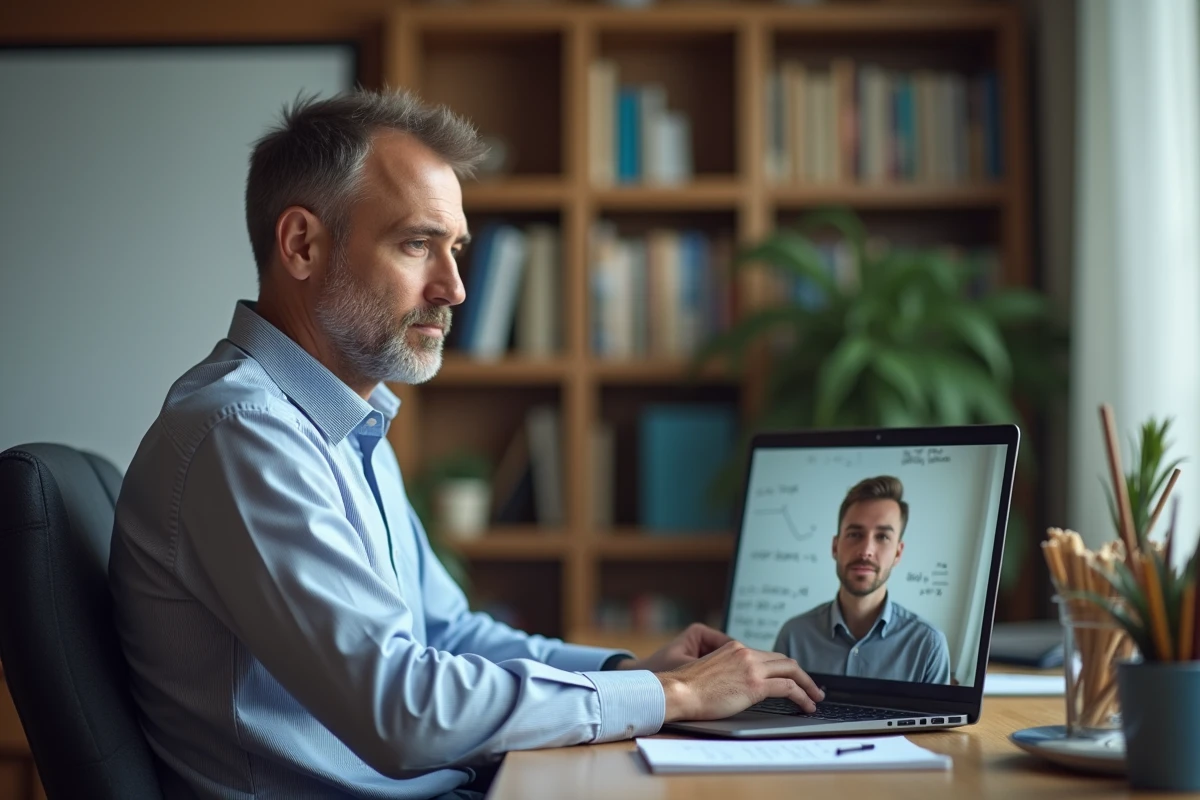 Homme donnant un cours particulier en ligne via une vidéoconférence sur son ordinateur portable, avec un tableau blanc montrant des équations mathématiques en arrière-plan