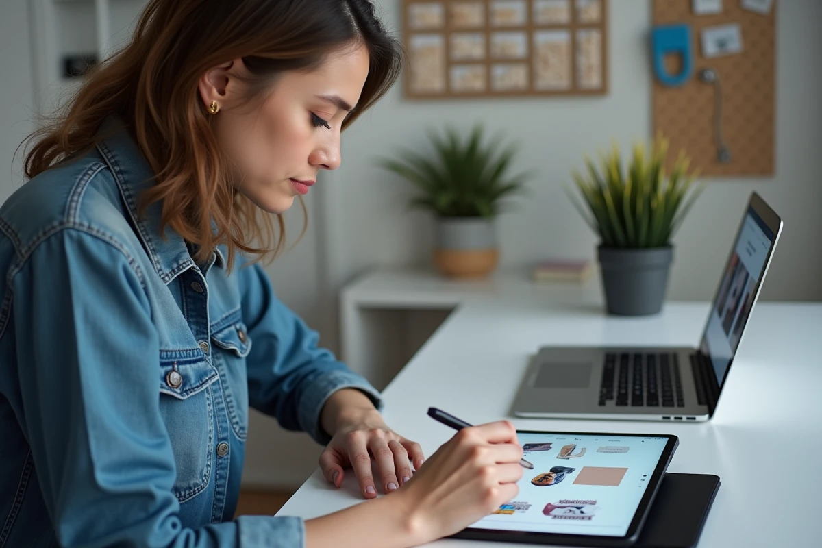 Femme créant un produit numérique comme un e-book ou un modèle imprimable sur sa tablette graphique, avec une boutique en ligne visible sur son ordinateur portable