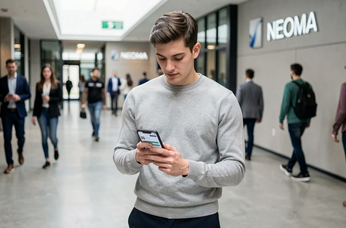 Étudiant NEOMA Business School consultant l'application mobile MyNeomaAgora dans un couloir du campus moderne