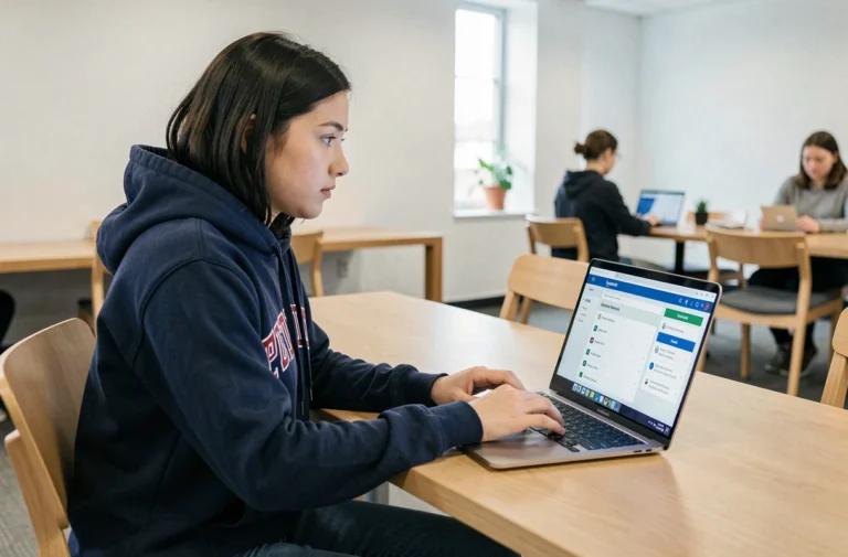 Étudiante de NEOMA Business School naviguant sur l'espace numérique étudiant MyNeomaAgora depuis son ordinateur portable dans une salle de travail collaborative