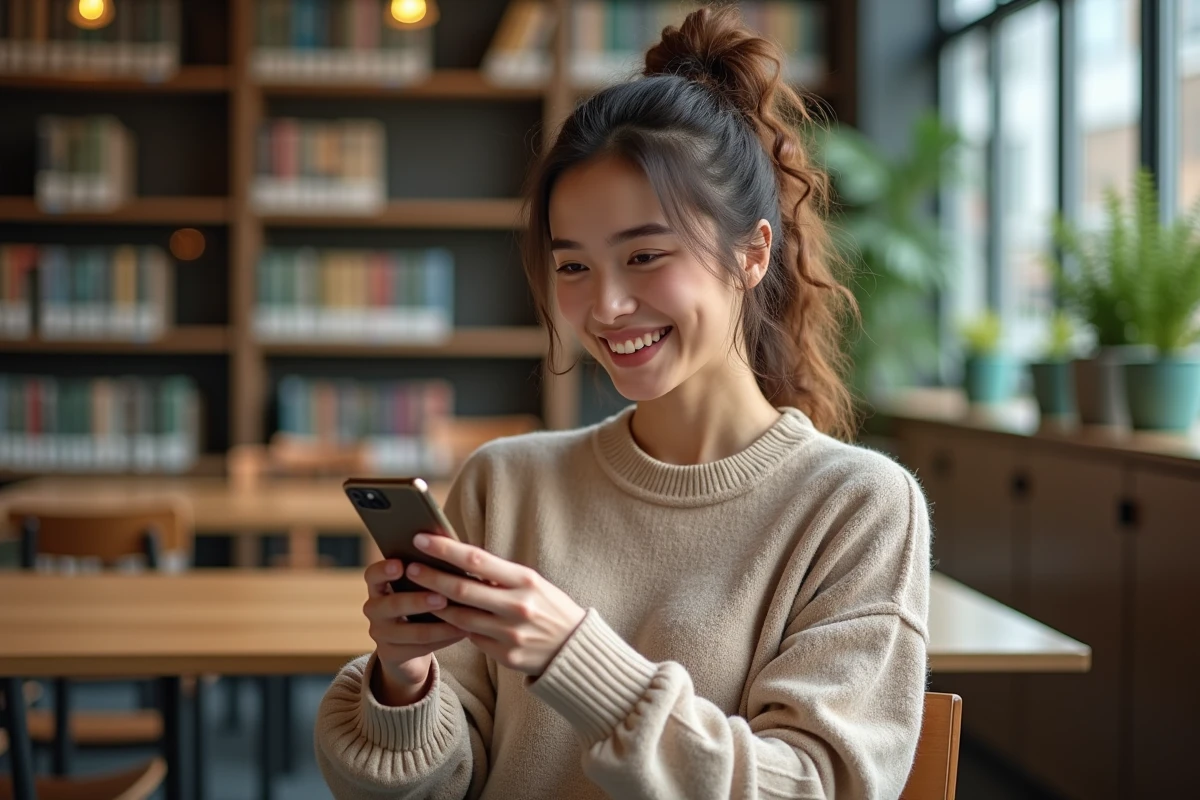 Jeune femme souriante utilisant son smartphone à la bibliothèque