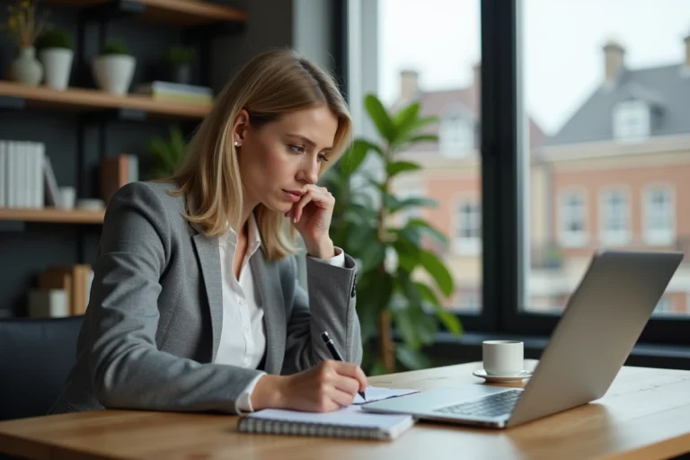 Femme d affaires au bureau en train de consulter des articles
