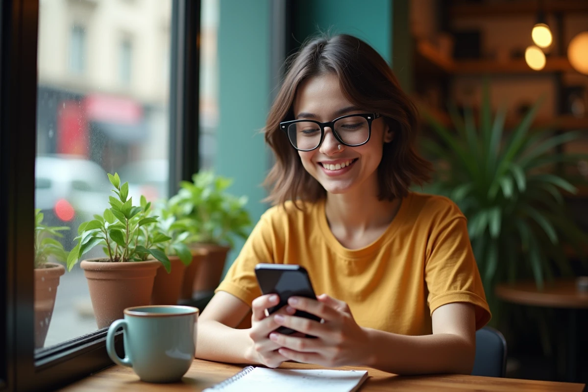 Femme souriante utilisant son smartphone pour guides Dofus