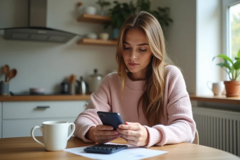 Femme utilisant une calculatrice pour résultats HCG à la maison