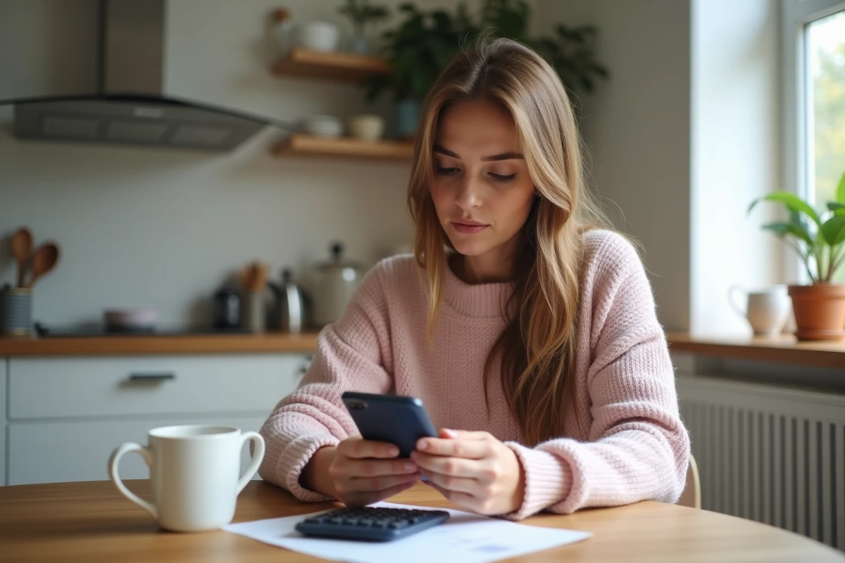 Femme utilisant une calculatrice pour résultats HCG à la maison
