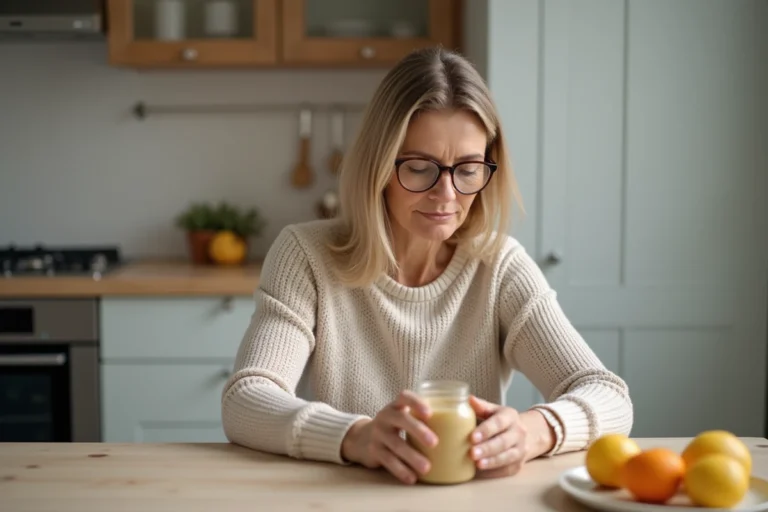 Femme concentrée lisant une étiquette de bouillon dans la cuisine