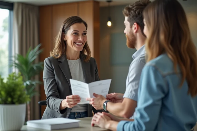 Femme souriante donnant une brochure dans un bureau moderne