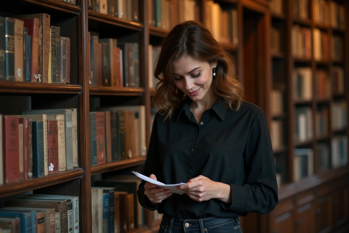 Femme lisant un note dans une bibliothèque ancienne