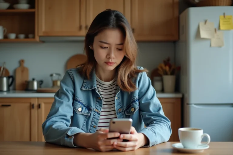 Jeune femme avec smartphone dans une cuisine cosy