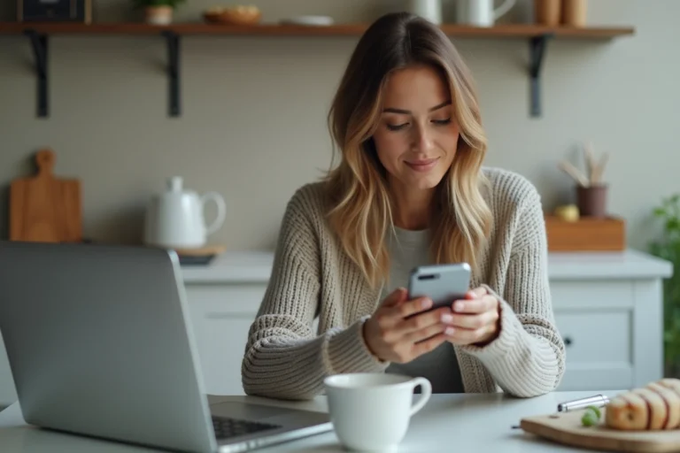 Femme détendue utilisant son smartphone dans la cuisine