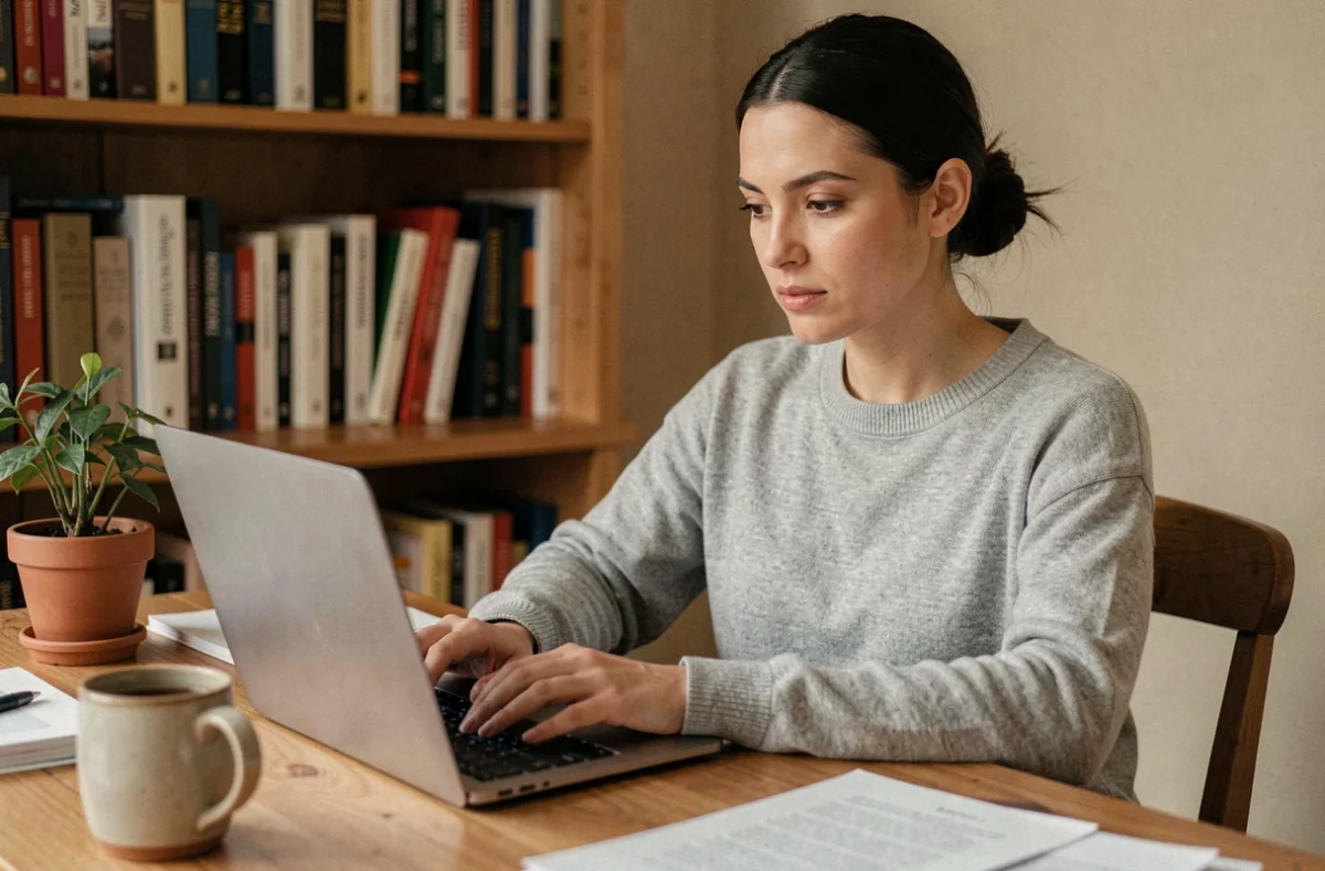 Femme assise à un bureau en bois tapant sur un ordinateur portable pour publier un article sur un magazine collaboratif en ligne
