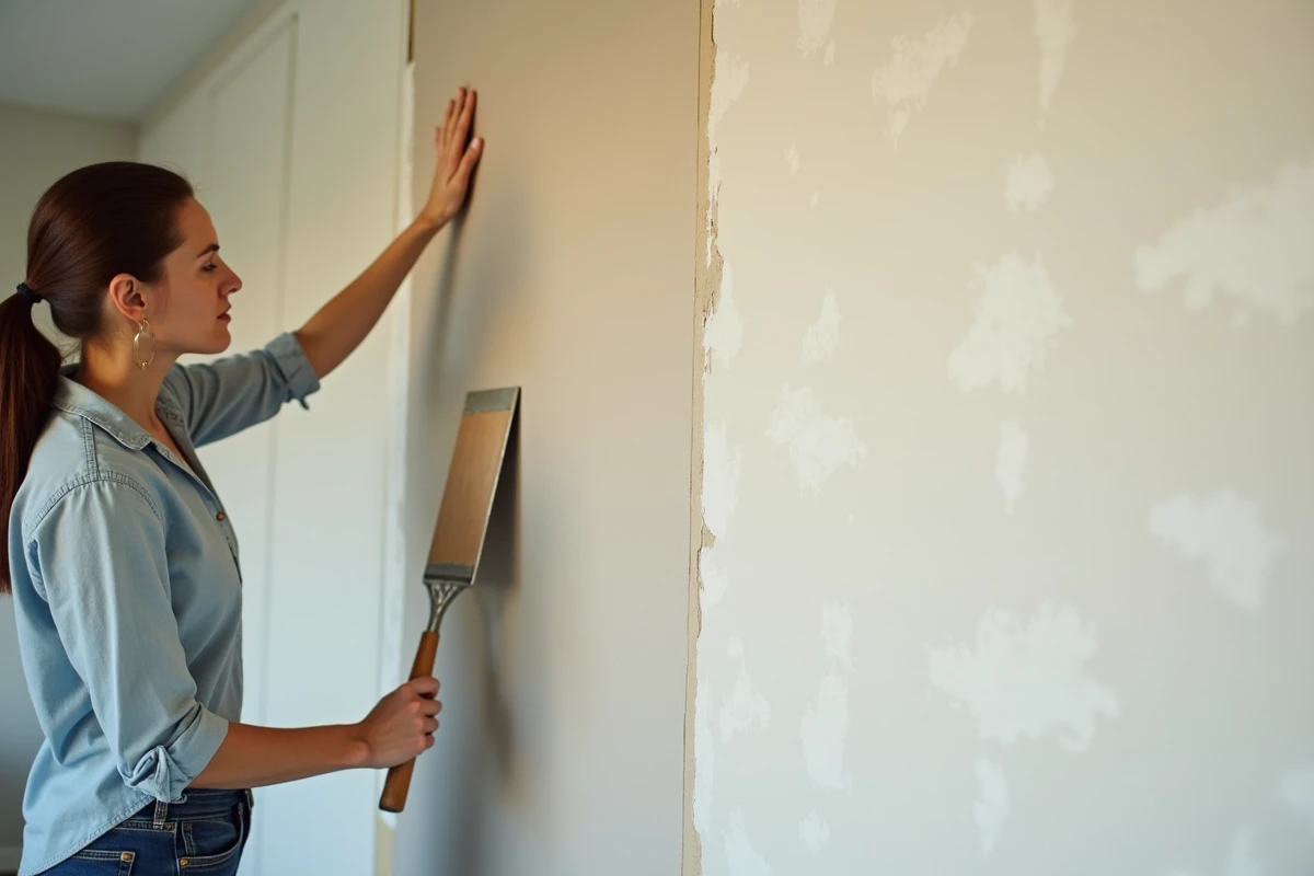 Femme appliquant du papier peint dans un salon lumineux