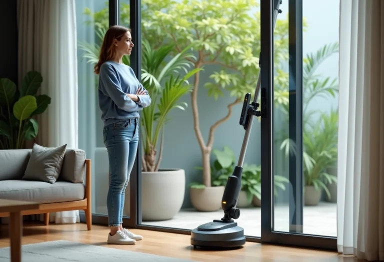 Femme observant un robot nettoyeur de vitres dans un salon