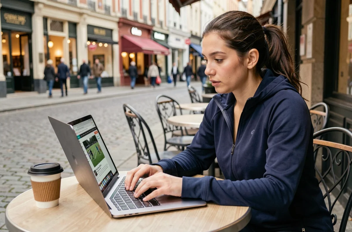 Femme consultant un site d'actualité sportive sur ordinateur portable en terrasse de café en ville