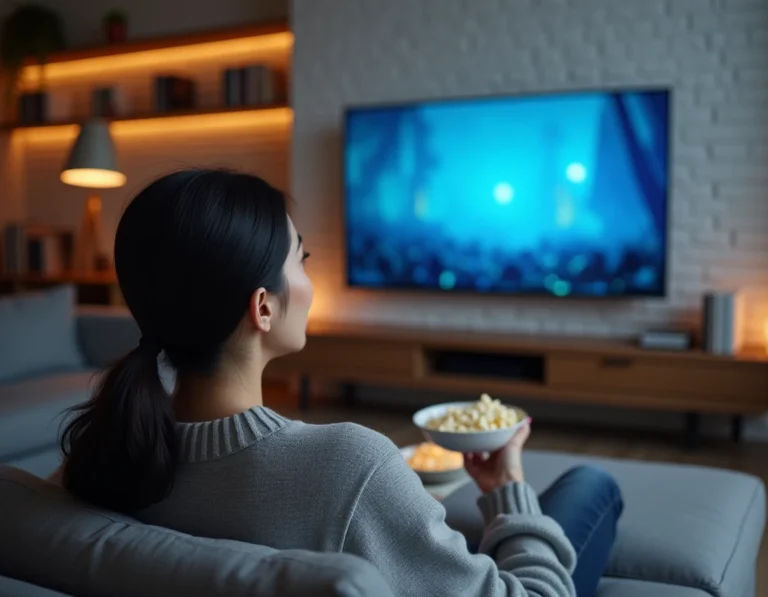 Femme regardant un service de streaming sur son téléviseur dans un salon moderne et cosy