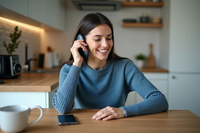Femme souriante écoute son smartphone dans une cuisine moderne