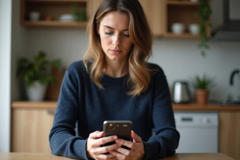 Femme en pull bleu utilisant son smartphone pour composer un numéro français