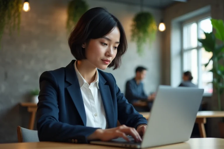 Femme professionnelle consultant les dernières tendances technologiques sur un ordinateur portable dans un espace de coworking moderne