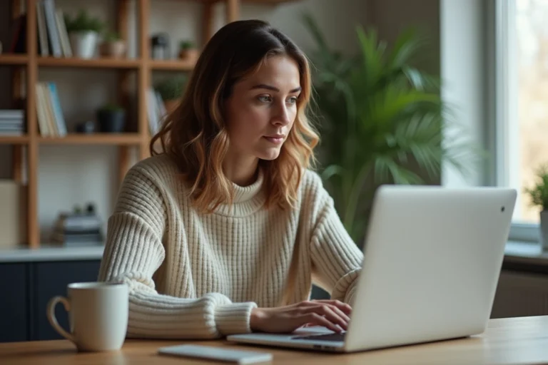 Jeune femme au travail à domicile regardant un événement en ligne
