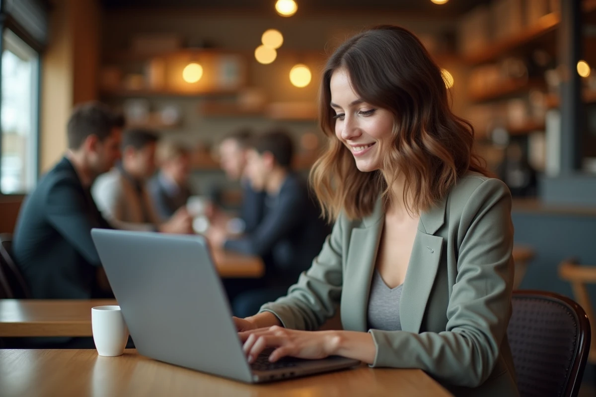 Femme freelance en rédaction web travaillant sur son ordinateur portable dans un café, avec un calendrier éditorial et des statistiques de réseaux sociaux visibles à l'écran