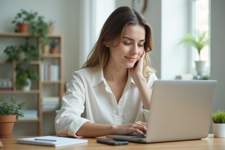 Jeune femme travaillant sur un ordinateur portable entourée de pièces de monnaie et d'un smartphone affichant une application bancaire, symbolisant les moyens de gagner 100 euros par jour