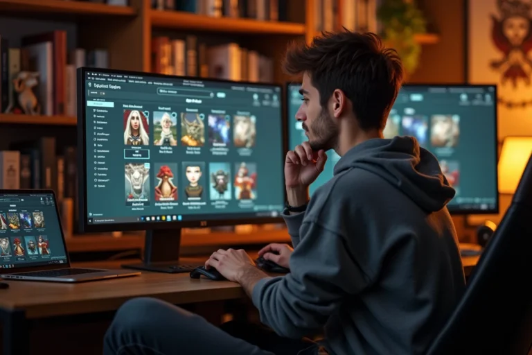 Jeune homme gamer dans son bureau avec livres fantasy
