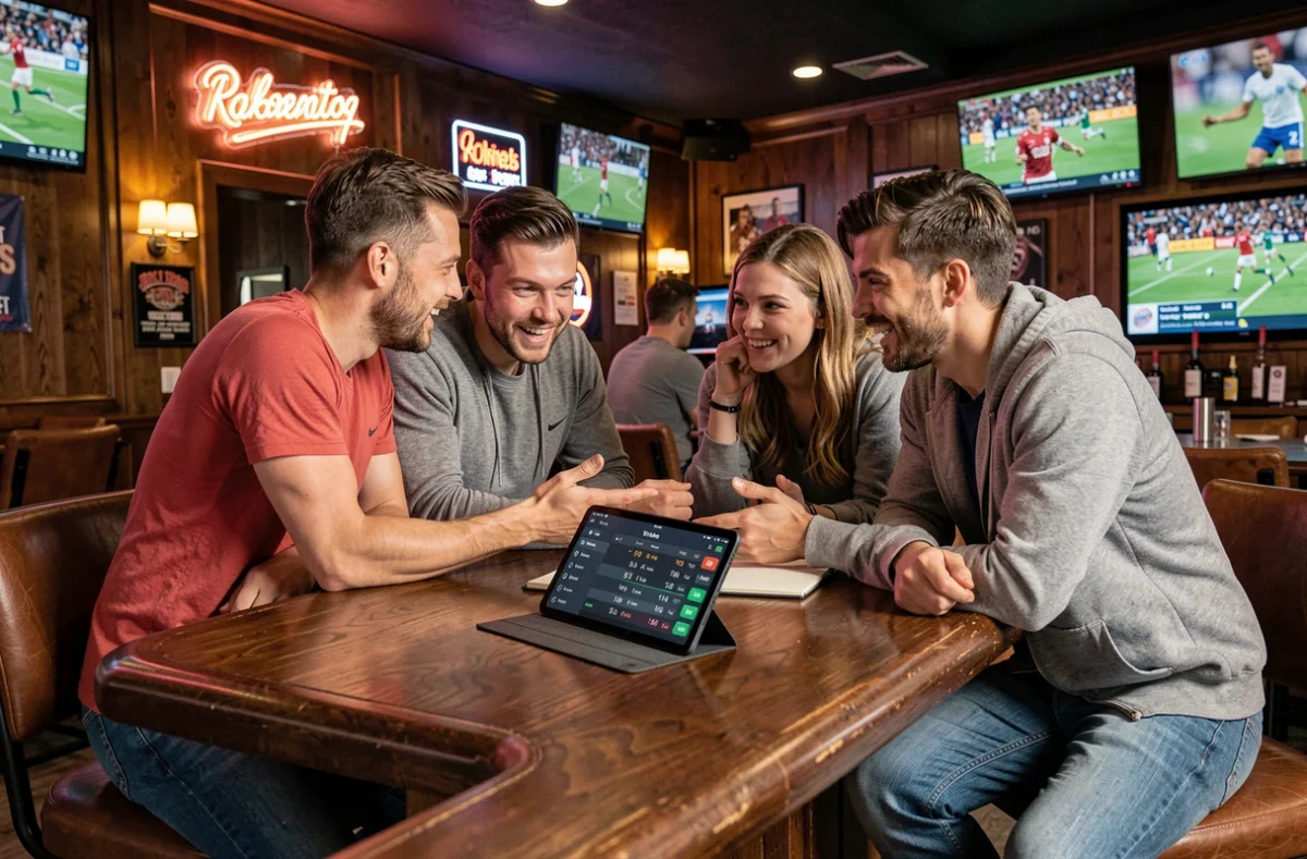 Groupe d'amis discutant des scores sportifs en direct sur tablette dans un bar sportif