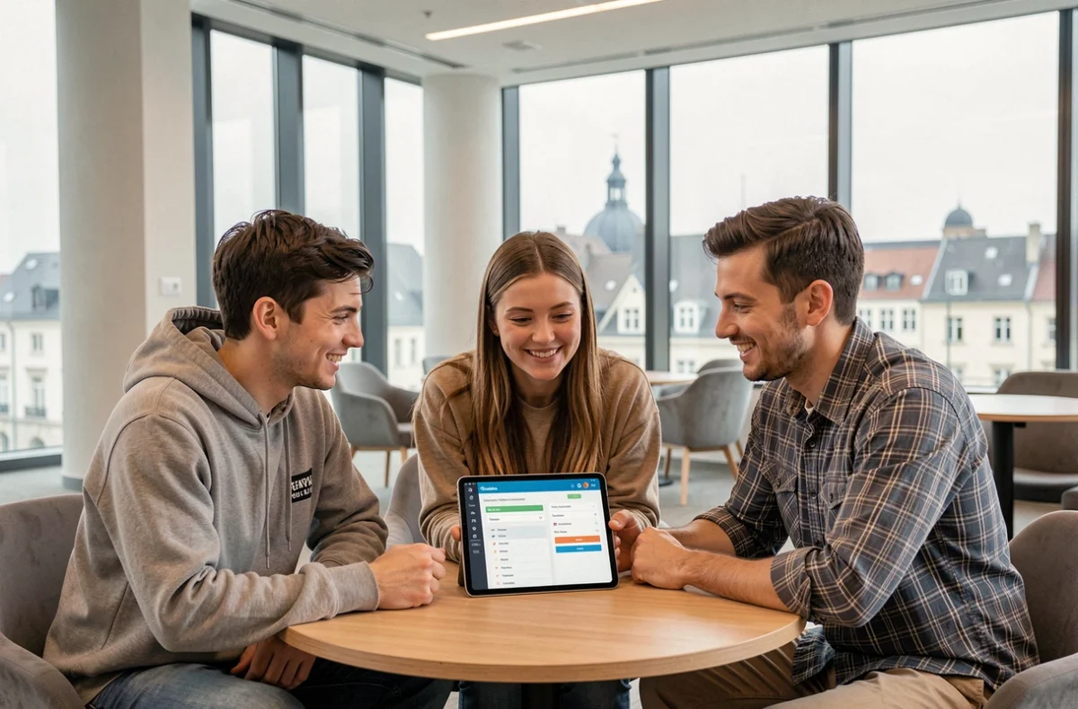 Groupe d'étudiants de NEOMA Business School consultant ensemble le portail MyNeomaAgora sur une tablette dans un espace lounge moderne