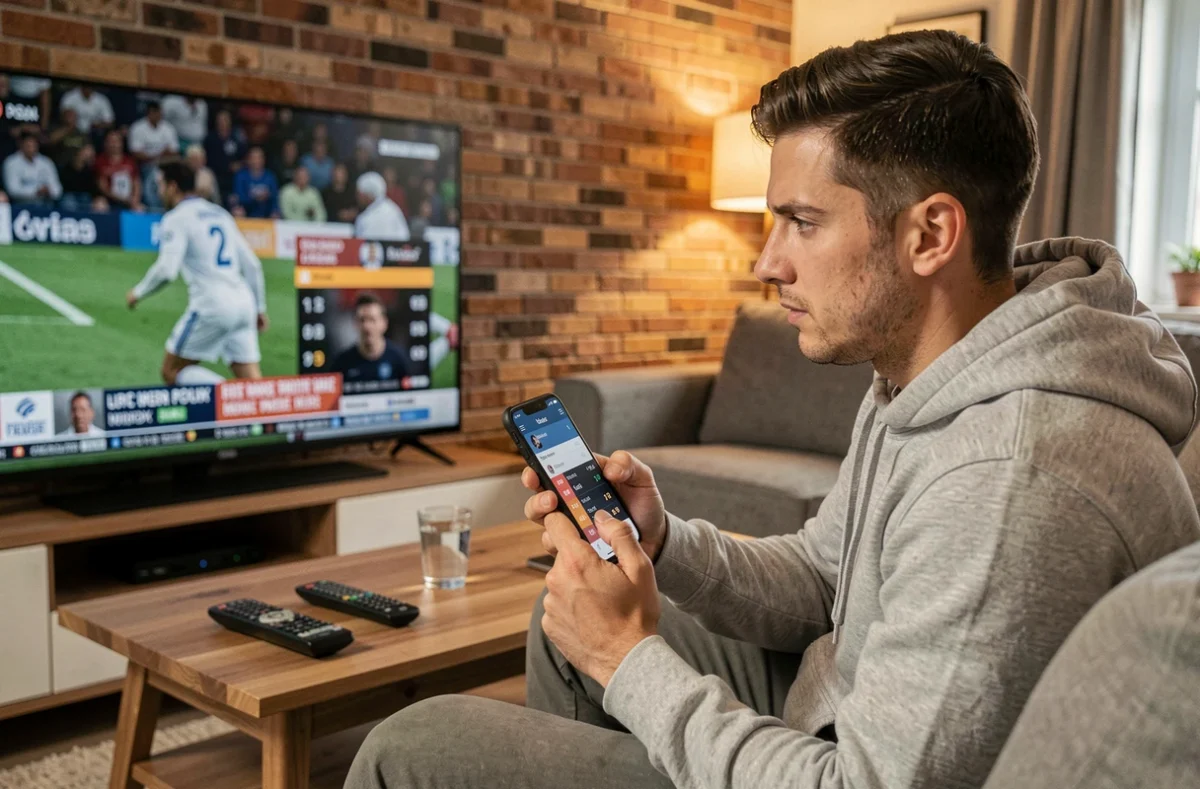 Homme regardant l'actualité sportive en temps réel sur télévision et smartphone dans un salon moderne