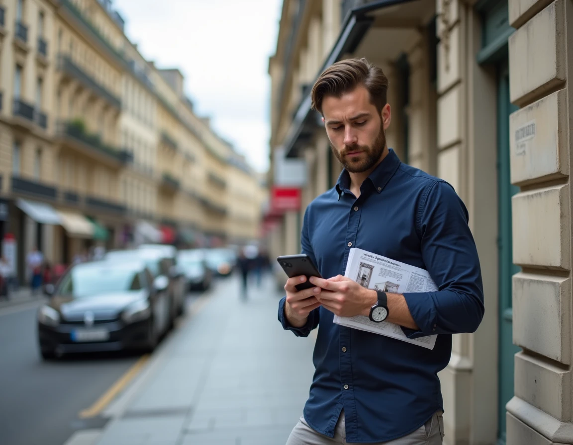 Homme consultant des annonces de location sur smartphone devant un immeuble haussmannien à Paris